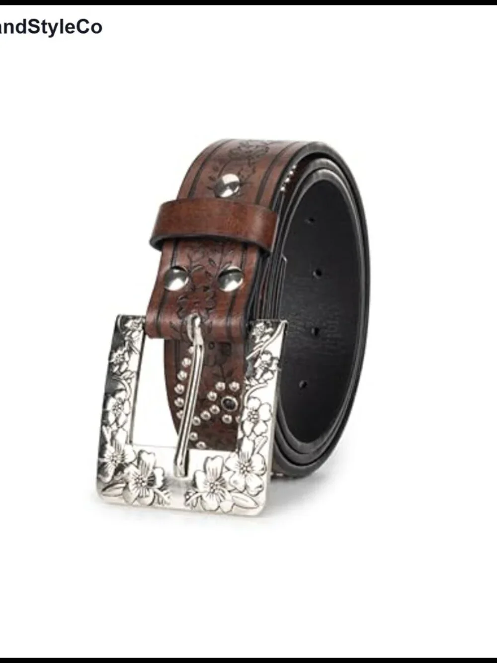 Western Cowboy Belt for Women, Faux Leather Flower Embossed with Silver Buckle